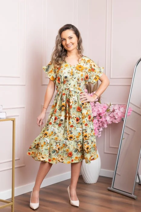 Rochie eleganta Maribel cu volanase si cordon in talie - Verde pastel