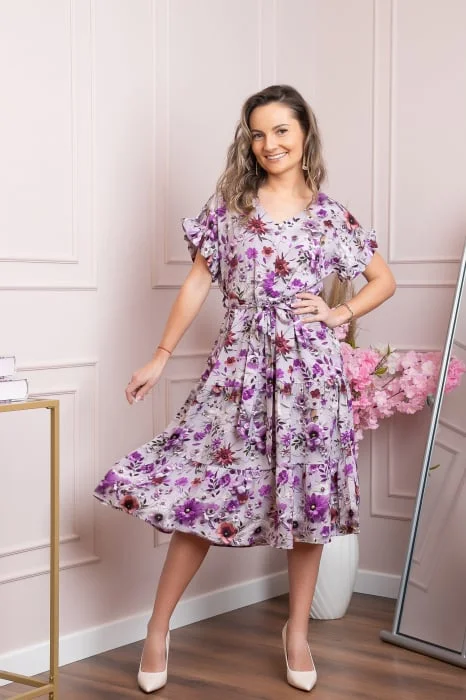 Rochie eleganta Maribel cu volanase si cordon in talie - Lila