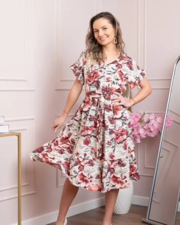 Rochie eleganta Maribel cu volanase si cordon in talie - Rosu