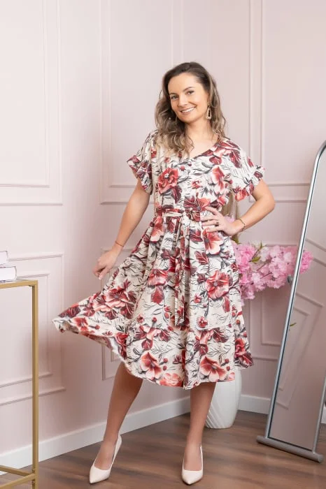 Rochie eleganta Maribel cu volanase si cordon in talie - Rosu