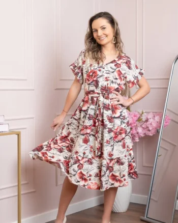 Rochie eleganta Maribel cu volanase si cordon in talie - Rosu