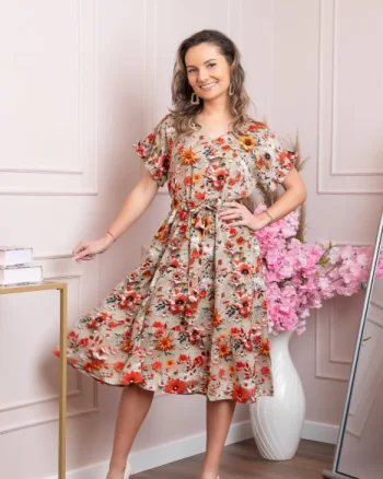 Rochie eleganta Maribel cu volanase si cordon in talie - Bej