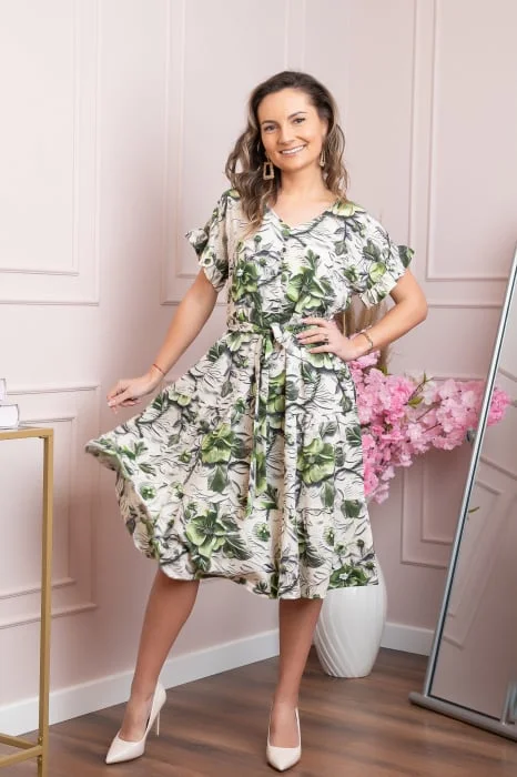 Rochie eleganta Maribel cu volanase si cordon in talie - Verde