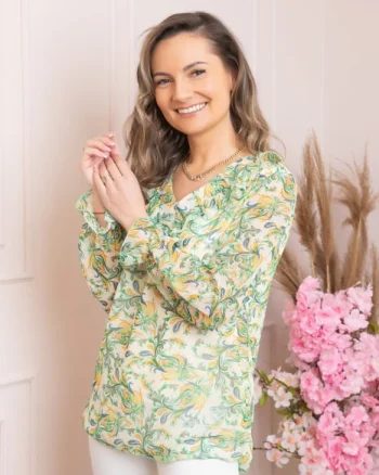Bluza Vivienne din voal cu volanase si imprimeuri florale verzi