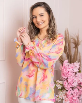 Bluza Vivienne din voal cu volanase si imprimeuri abstracte galbene