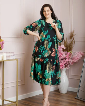 Rochie vaporoasa Emmeline cu volane si imprimeuri florale - Negru si turcoaz