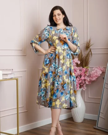 Rochie vaporoasa Emmeline cu volane si imprimeuri florale - Gri
