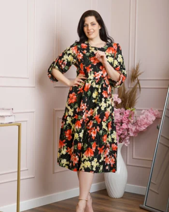 Rochie vaporoasa Emmeline cu volane si imprimeuri florale - Negru si rosu