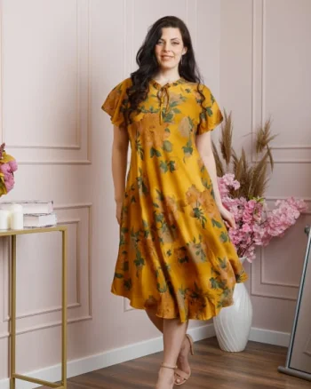 Rochie eleganta Penelope cu baza asimetrica si imprimeu floral - Galben mustar