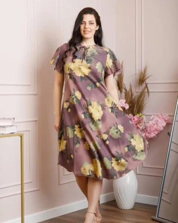 Rochie eleganta Penelope cu baza asimetrica si imprimeu floral - Mov
