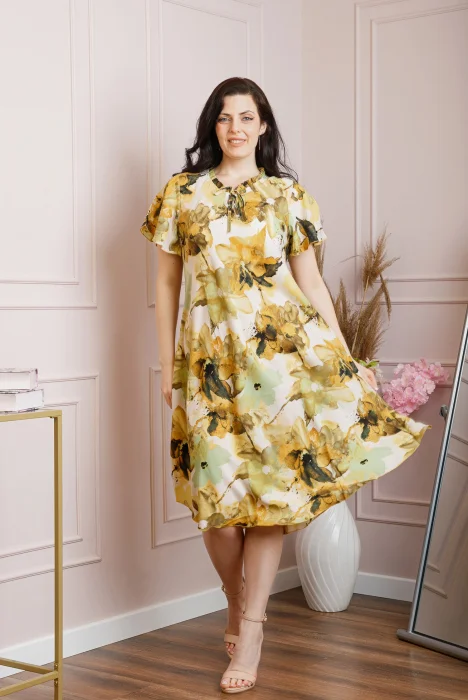 Rochie eleganta Penelope cu baza asimetrica si imprimeu floral - Galben