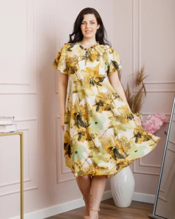 Rochie eleganta Penelope cu baza asimetrica si imprimeu floral - Galben
