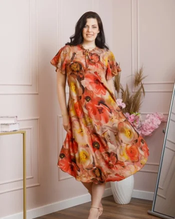 Rochie eleganta Penelope cu baza asimetrica si imprimeu floral - Orange