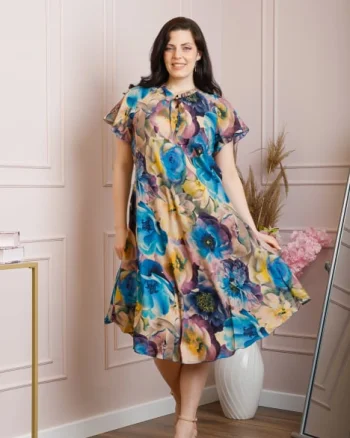 Rochie eleganta Penelope cu baza asimetrica si imprimeu floral - Turcoaz