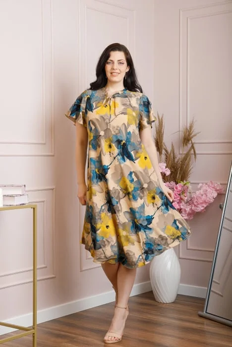 Rochie eleganta Penelope cu baza asimetrica si imprimeu floral - Crem cu turcoaz