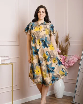 Rochie eleganta Penelope cu baza asimetrica si imprimeu floral - Crem cu turcoaz