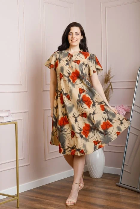 Rochie eleganta Penelope cu baza asimetrica si imprimeu floral - Crem cu orange