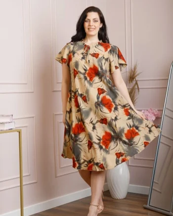 Rochie eleganta Penelope cu baza asimetrica si imprimeu floral - Crem cu orange