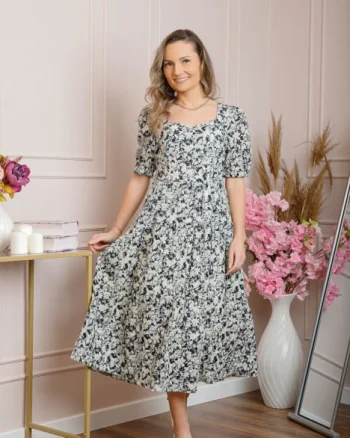 Rochie eleganta Helena cu imprimeuri florale si buzunare functionale - Negru
