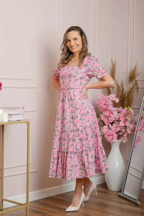 Rochie eleganta Michelle cu imprimeuri florale - Roz