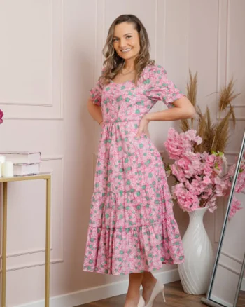 Rochie eleganta Michelle cu imprimeuri florale - Roz