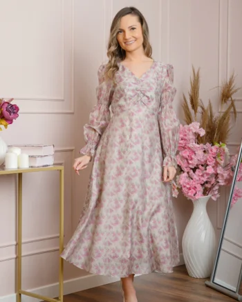 Rochie eleganta Sienna cu maneci bufante - Roz