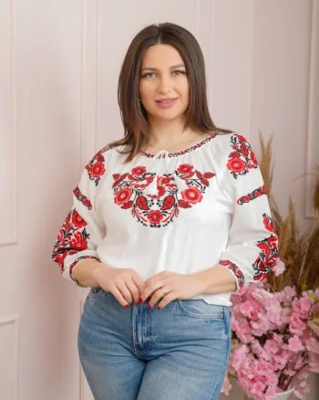 Ie traditionala alba cu motiv floral rosu Carina