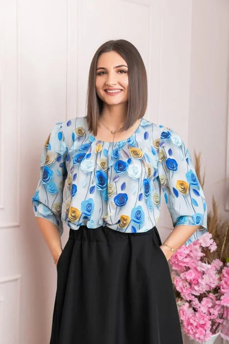 Bluza eleganta Anastasia cu imprimeuri florale - Albastru