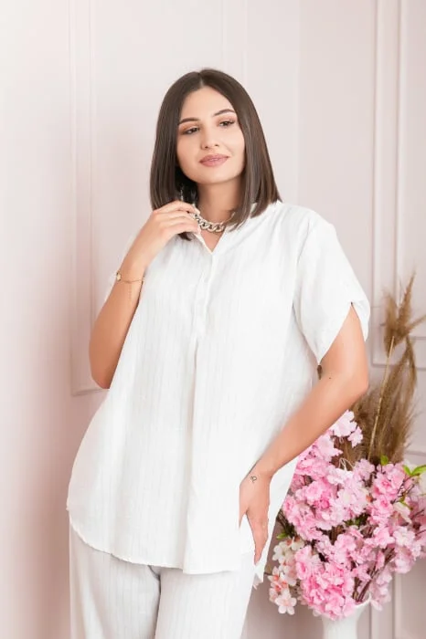 Bluza casual Athena cu guler stil tunica si insertii argintii - Alb