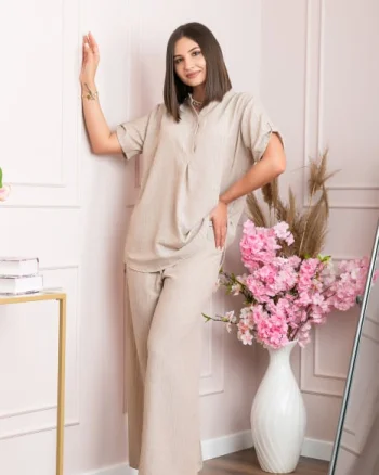 Pantaloni palazzo Athena cu talie elastica si insertii argintii - Bej