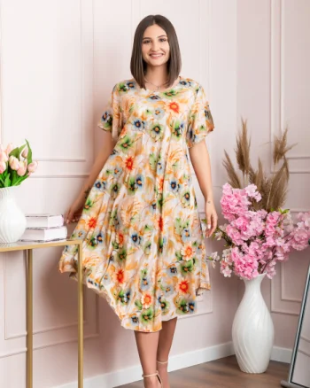 Rochie eleganta Mirabelle cu imprimeu floral - Orange cu verde