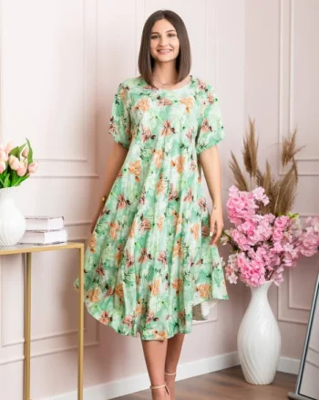 Rochie eleganta Mirabelle cu imprimeu floral - Verde cu orange