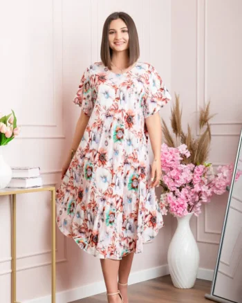 Rochie eleganta Mirabelle cu imprimeu floral - Crem cu caramiziu