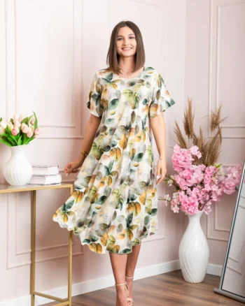 Rochie eleganta Mirabelle cu imprimeu floral - Alb cu verde
