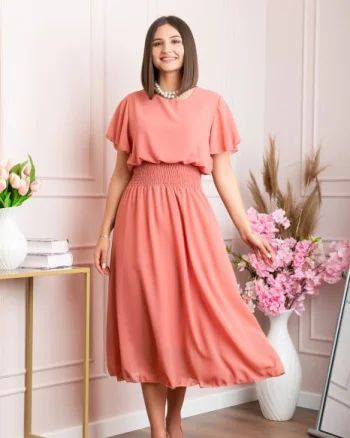 Rochie eleganta roz somon Francesca cu talie incretita