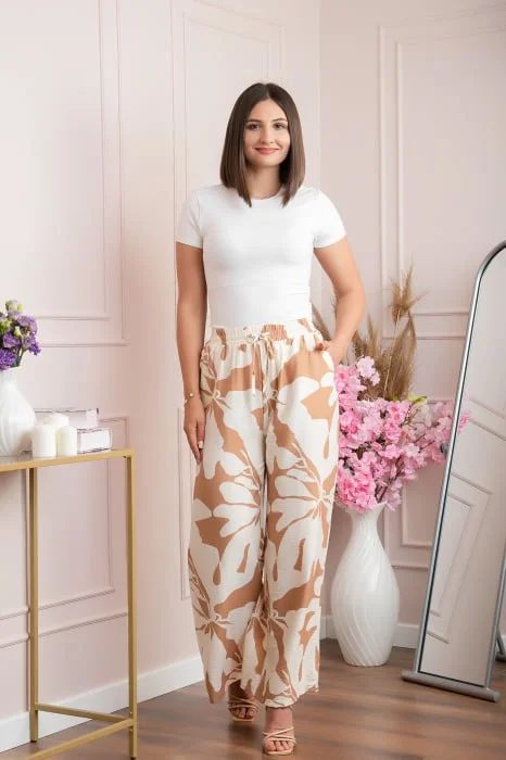 Pantaloni palazzo Camilla cu imprimeu floral maxi bej-ivoire