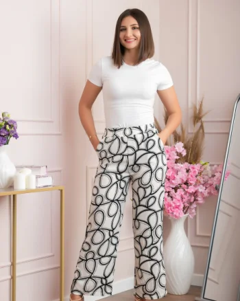 Pantaloni palazzo Hanna cu imprimeu abstract alb-negru