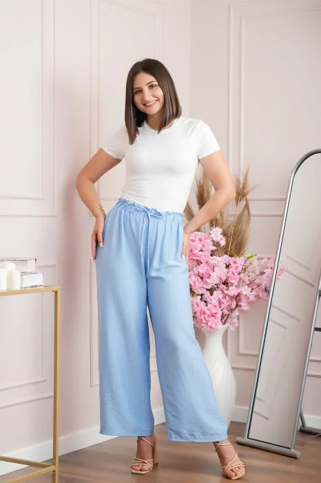 Pantaloni palazzo Nicole cu snur in talie - Bleu