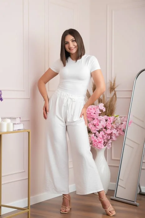 Pantaloni palazzo Nicole cu snur in talie - Alb