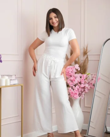 Pantaloni palazzo Nicole cu snur in talie - Alb