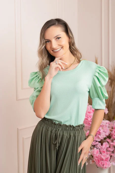 Bluza eleganta Arabella cu maneci bufante - Verde mint
