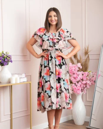 Rochie Sarah eleganta din voal cu volane si imprimeuri florale - Negru