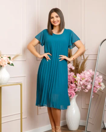 Rochie plisata Elisa cu maneci fluture - Turcoaz inchis