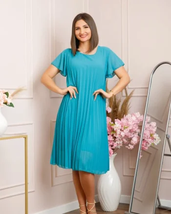 Rochie plisata Elisa cu maneci fluture - Turcoaz deschis