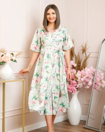 Rochie Emma petrecuta cu cordon in talie - Alb cu verde