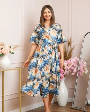 Rochie Emma petrecuta cu cordon in talie - Albastru cu orange