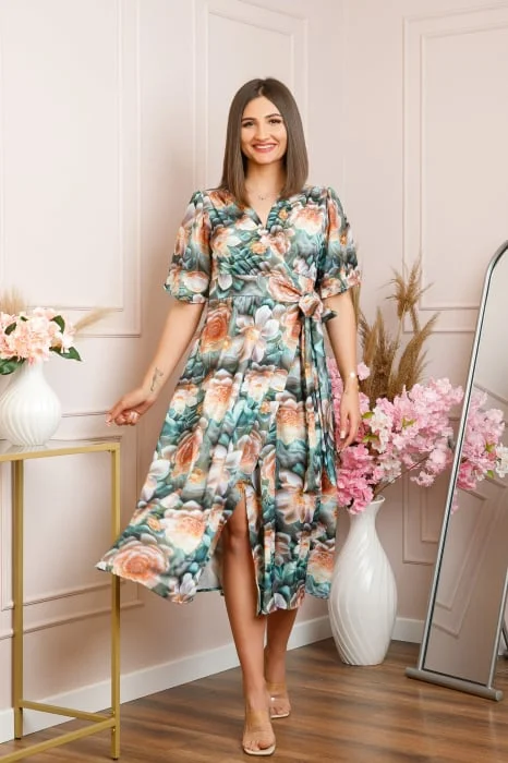 Rochie Emma petrecuta cu cordon in talie - Turcoaz cu orange