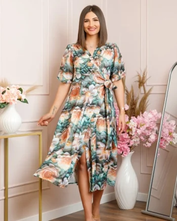 Rochie Emma petrecuta cu cordon in talie - Turcoaz cu orange