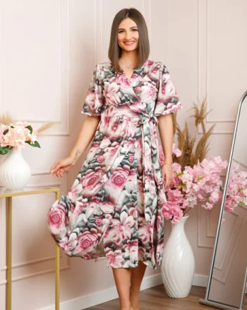 Rochie Emma petrecuta cu cordon in talie - Roz cu gri