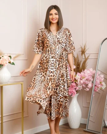 Rochie Emma petrecuta cu cordon in talie - Animal print ivoire